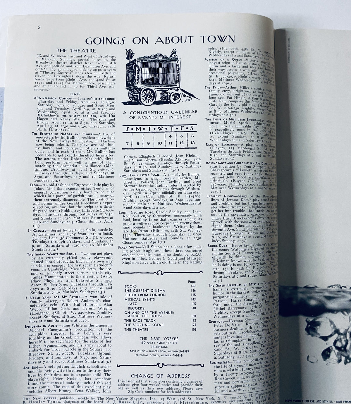 Inside page of The New Yorker Magazine April 6, 1968, displaying the 'Goings On About Town' section with a schedule of events and theater listings.