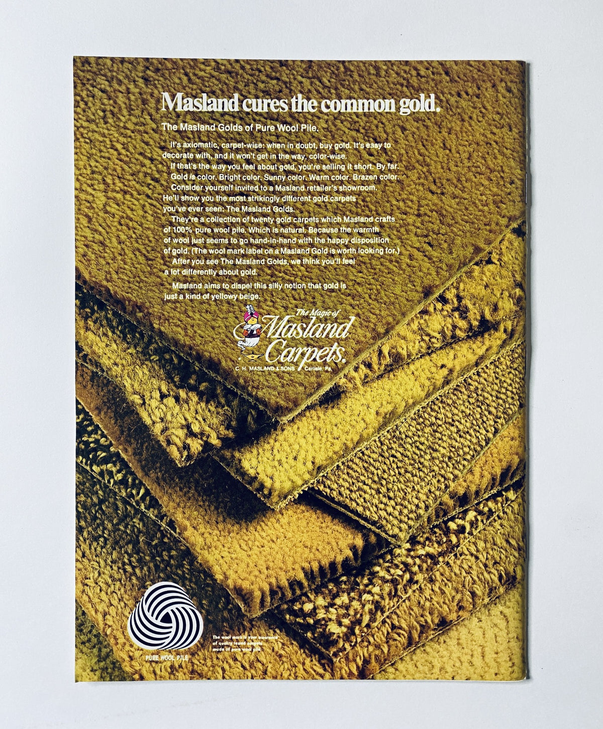 Vintage advertisement for Masland Carpets featuring a textured yellow fabric background. The ad promotes the benefits of Masland carpets, emphasizing their quality and durability. Ideal for collectors of original magazine ads.