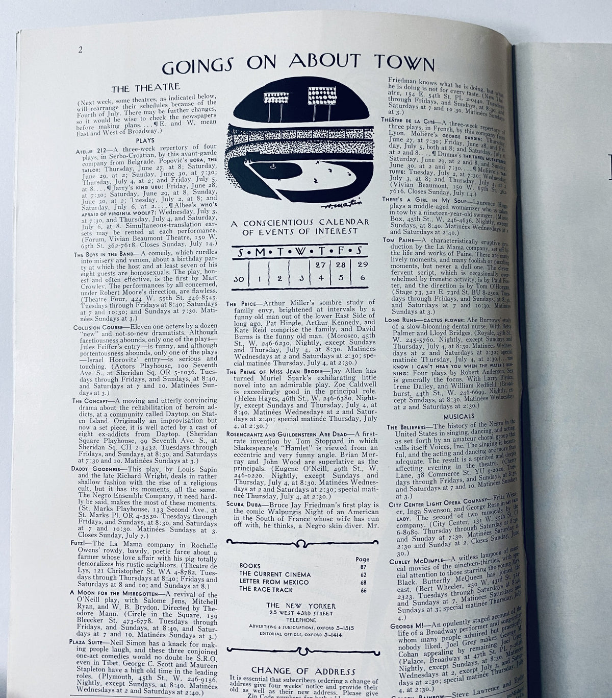 Inside page of The New Yorker Magazine June 29, 1968 displaying 'Goings On About Town', a calendar of events with a classic layout and typography.