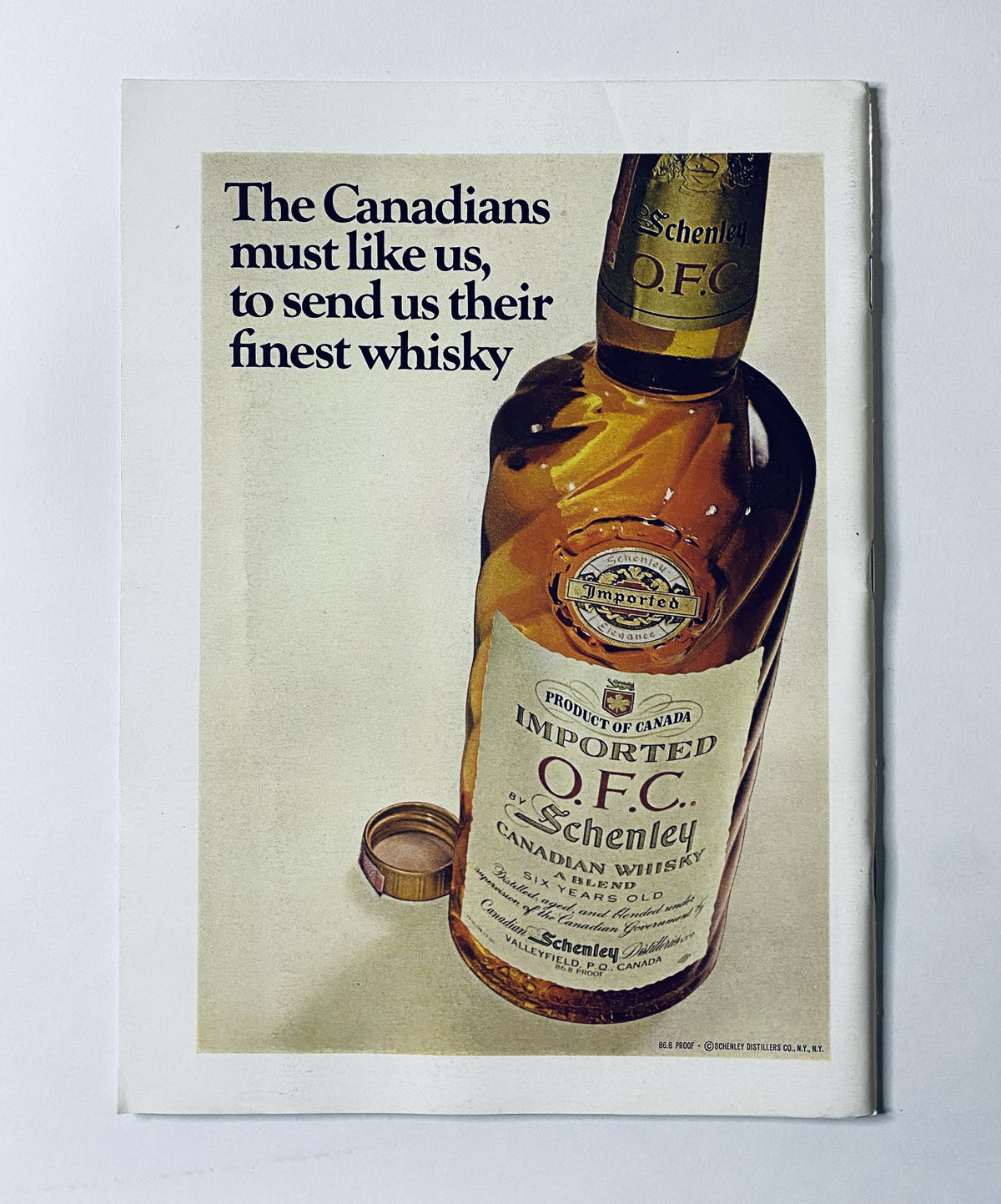 Advertisement from The New Yorker Magazine June 29, 1968 showcasing a bottle of Schenley Canadian Whisky with a tagline about Canadian hospitality.