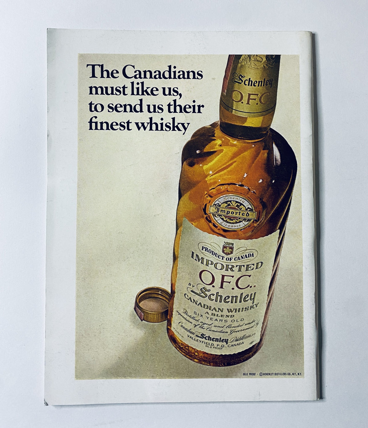 Advertisement for Schenley Canadian Whisky from The New Yorker Magazine August 10, 1968, displaying a bottle with a slogan about Canadian preference for their finest whisky.