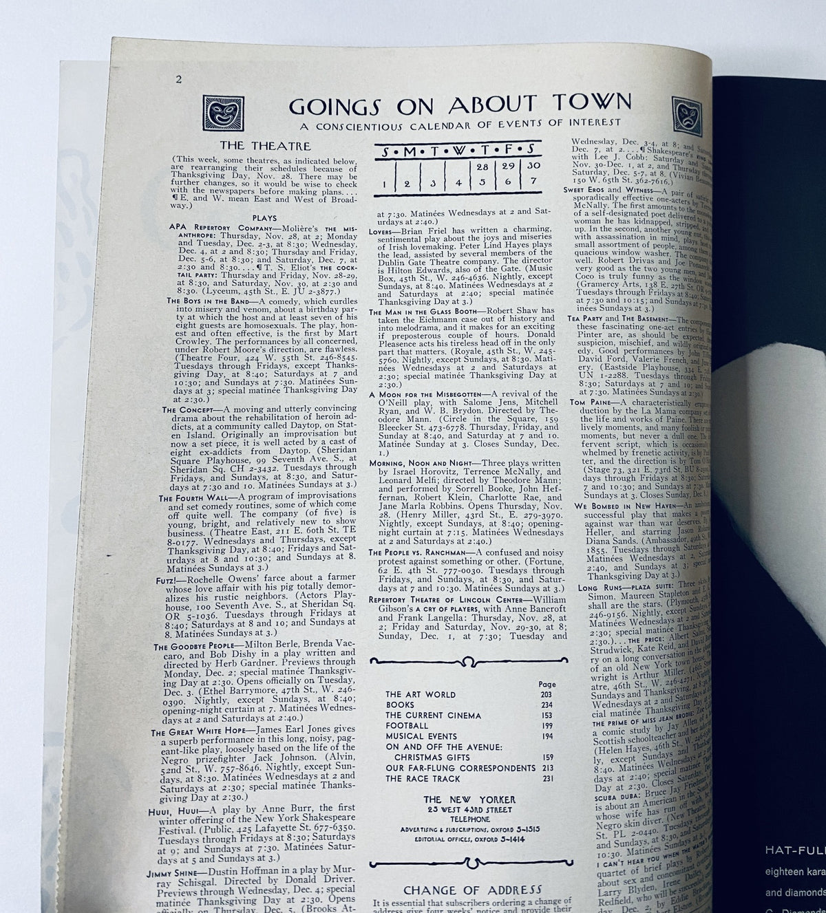 Inside page of The New Yorker Magazine November 30, 1968 displaying 'Goings On About Town,' a calendar of events, highlighting cultural activities and listings.