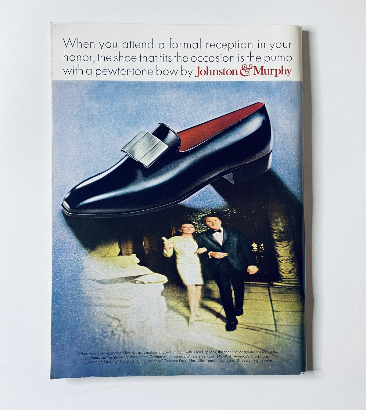 Advertisement in The New Yorker Magazine November 30, 1968 featuring a formal shoe pump by Johnston & Murphy, accompanied by a couple in formal attire.