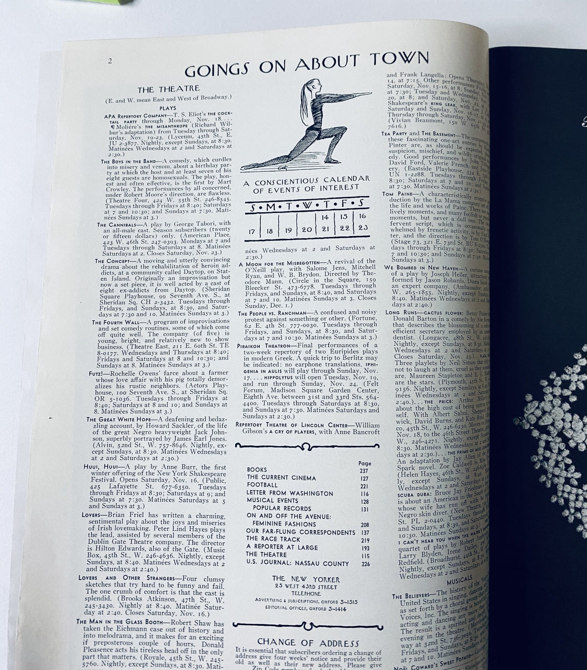 Interior page of The New Yorker Magazine November 16, 1968, displaying the Goings On About Town section, including a calendar of events and listings.