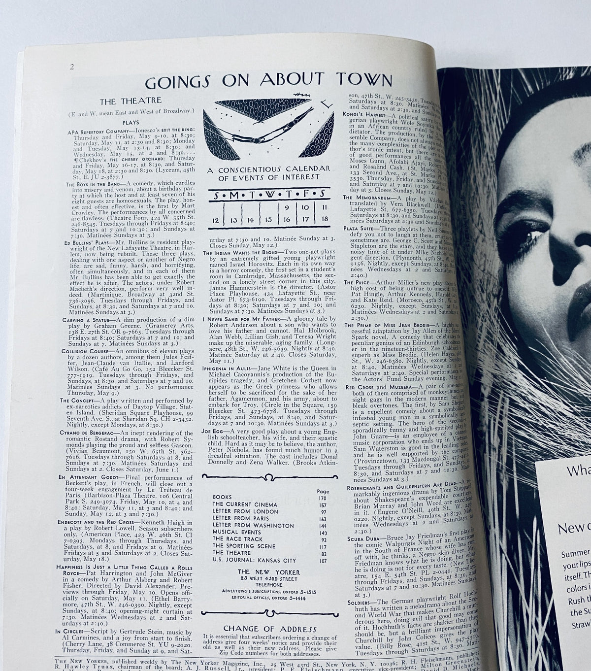 Inside page of The New Yorker Magazine May 11, 1968, showcasing 'Goings On About Town', a calendar of events and activities with articles and editorials.