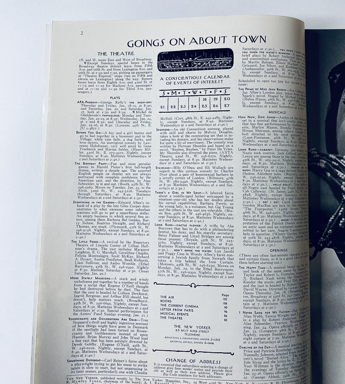 An interior page from The New Yorker Magazine January 20, 1968, presenting the 'Goings on About Town' section with a calendar of events.