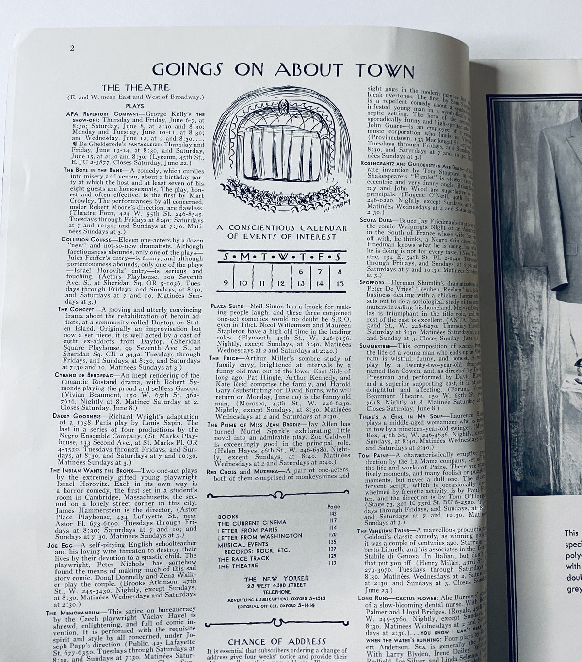 An interior page of The New Yorker Magazine June 8, 1968, listing events with the title 'Goings On About Town'.