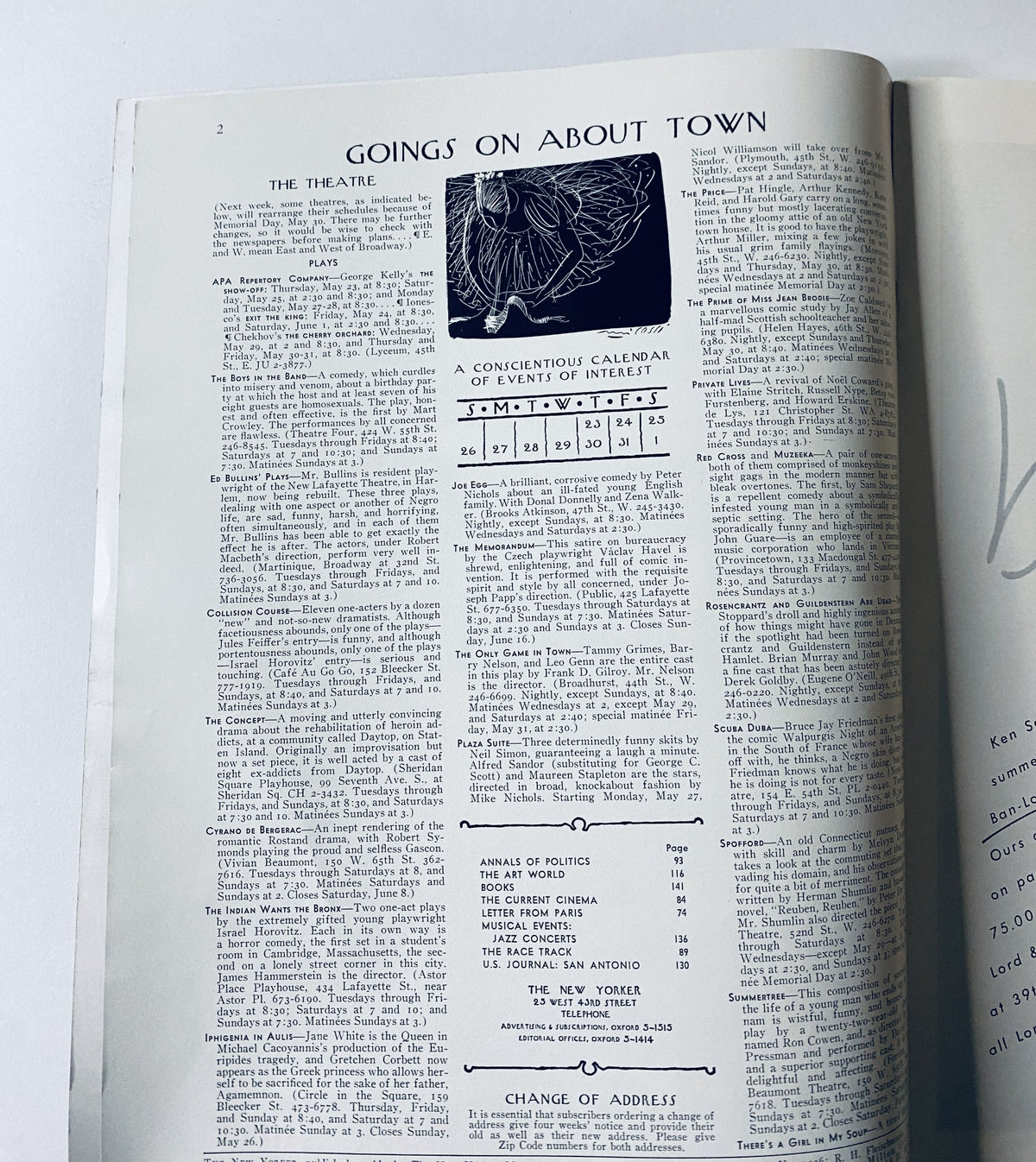 Inside page of The New Yorker Magazine May 25, 1968 displaying the 'Goings On About Town' section with a calendar of events and listing of cultural activities.
