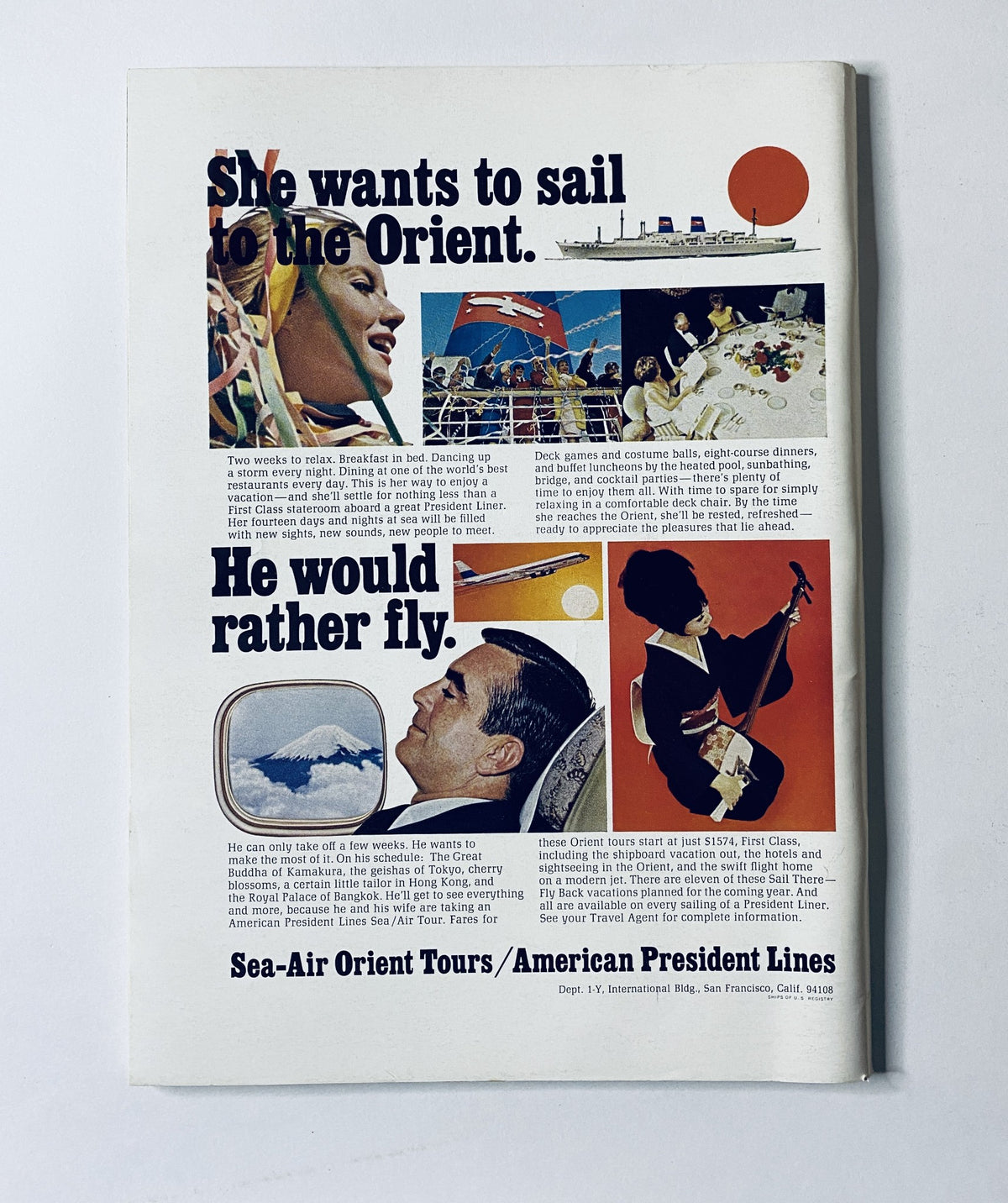 Advertisement in The New Yorker Magazine May 18, 1968 promoting Sea-Air Orient Tours, featuring colorful depictions of travel experiences and leisure activities.