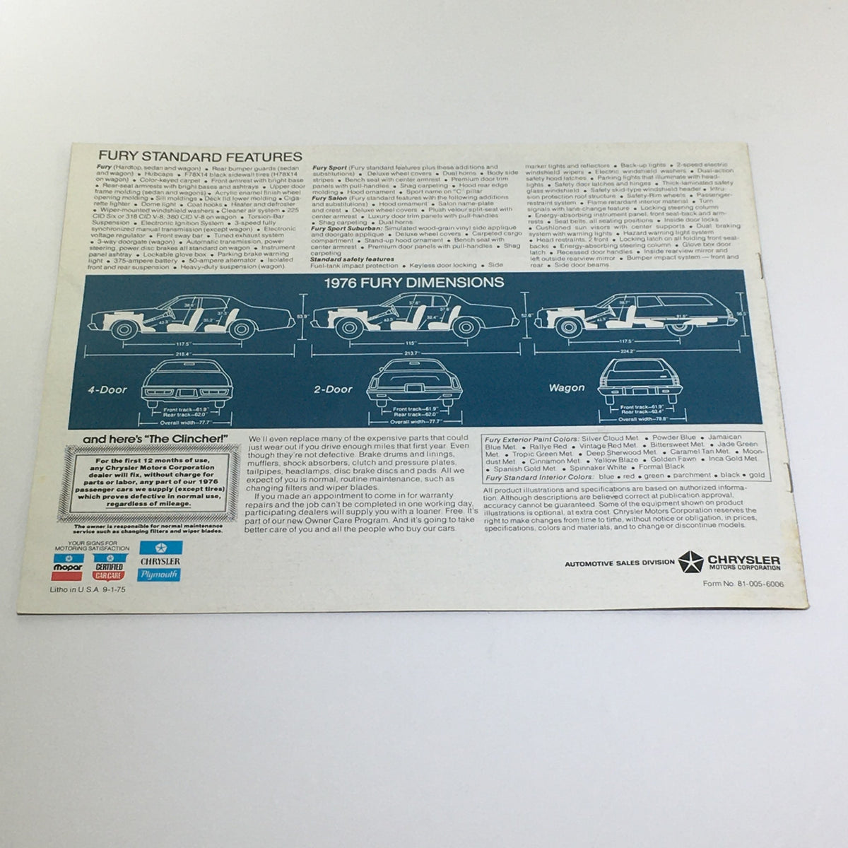 Back page of the Vintage 1976 Plymouth Fury Fury Sport/Salon/Wagons brochure, detailing standard features and dimensions of the classic car.