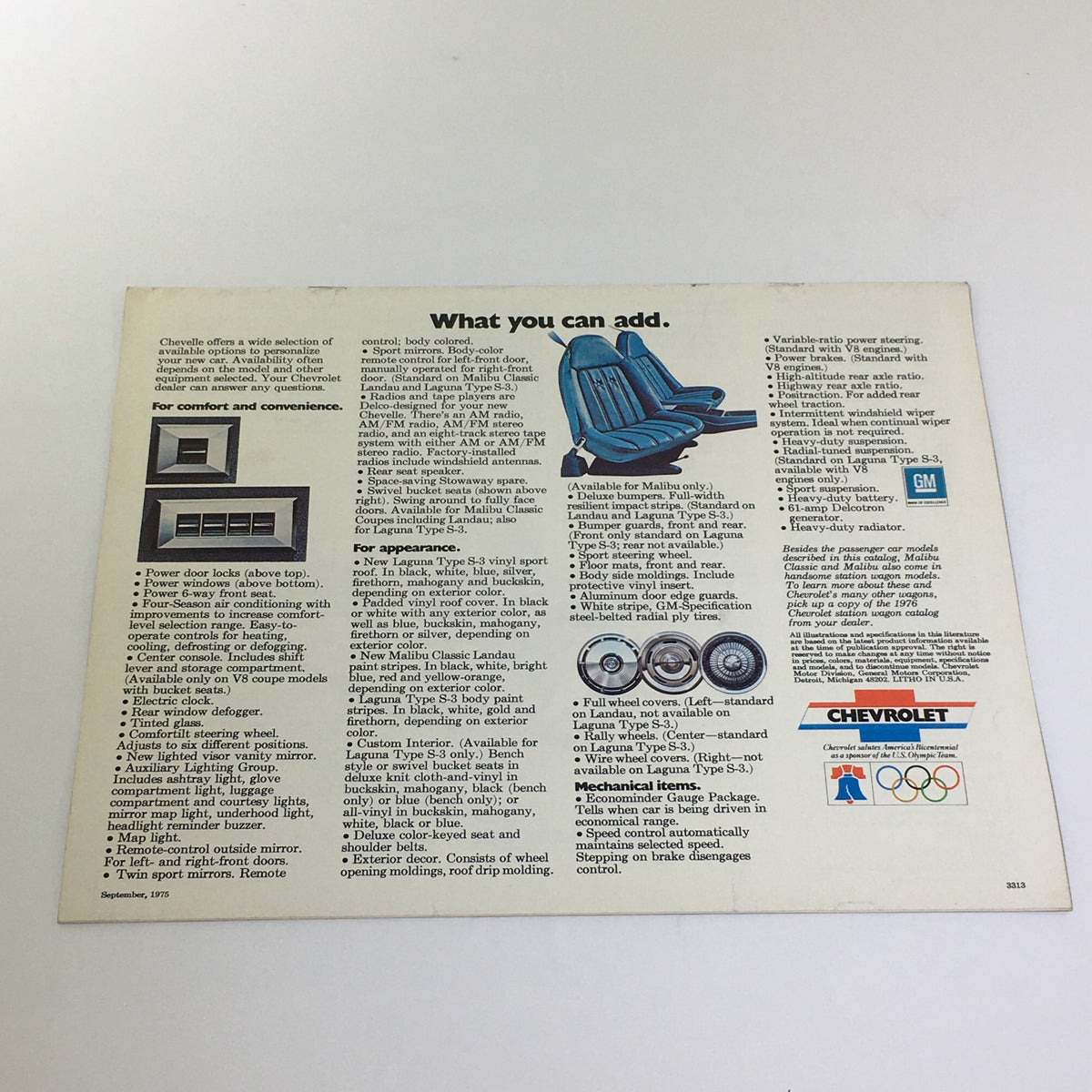 Vintage 1976 Chevelle Malibu Classic Sedan/Coupe S-3 V-8 Car Catalog Brochure detailing added features and options available for Chevrolet Chevelle models.