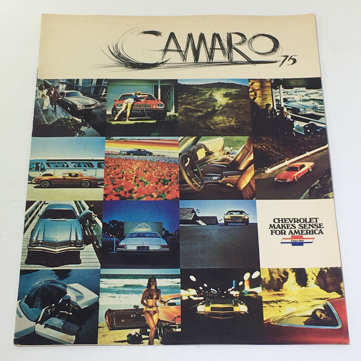 Vintage 1975 Camaro Chevrolet Sport Coupe Car Catalog Brochure featuring a collage of Camaro images and styling.