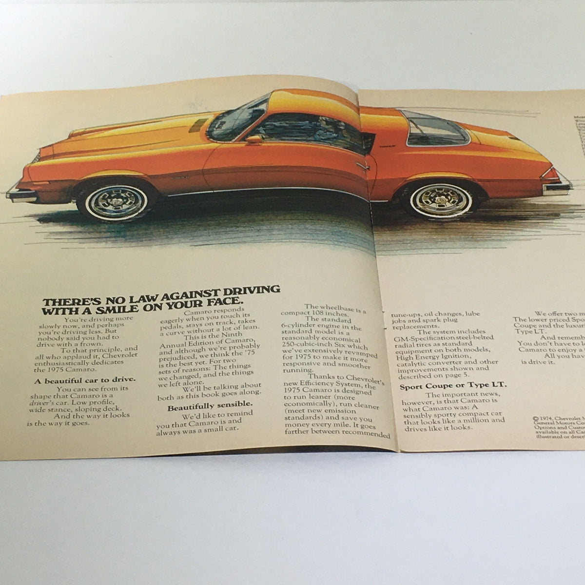 Vintage 1975 Camaro Chevrolet Sport Coupe or Type LT Brochure showcasing the car's side profile with a focus on its design and driving experience.