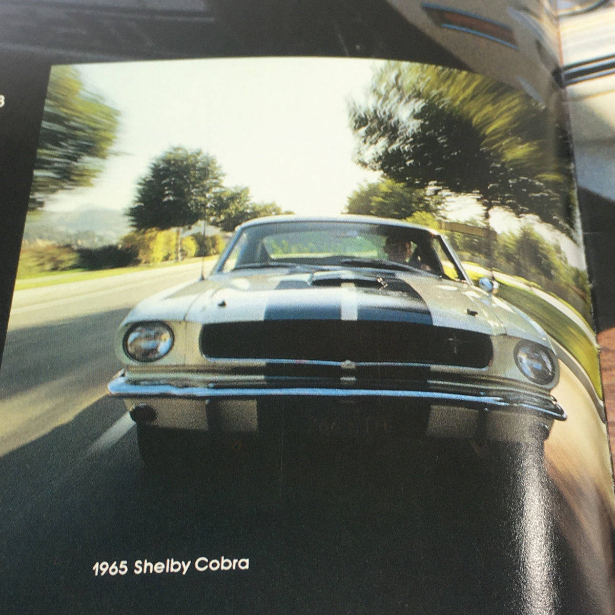 Vintage Free Wheelin' Mustang II MPG 2+2 Stallion - 1965 Shelby Cobra Car Brochure depicting the iconic 1965 Shelby Cobra speeding down a scenic road, reflecting its powerful performance.
