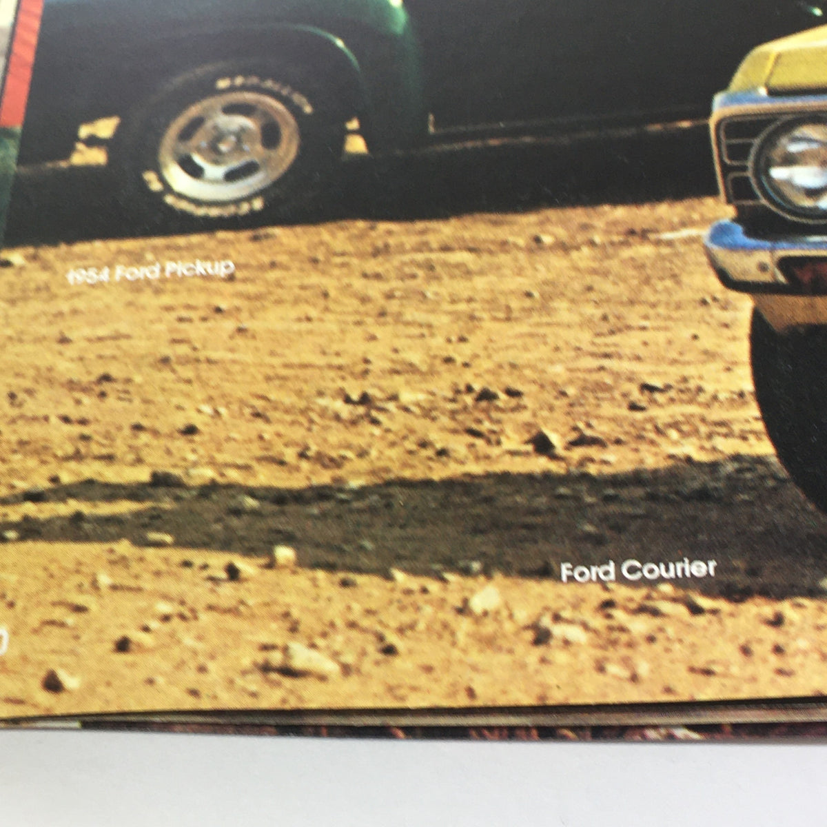 Vintage Free Wheelin' Mustang II MPG 2+2 Stallion - 1965 Shelby Cobra Car Brochure displaying a classic 1954 Ford Pickup on a dirt road, illustrating vintage truck aesthetics.