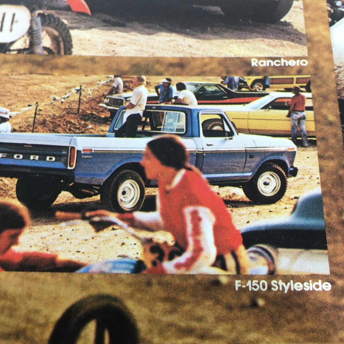 Vintage Free Wheelin' Mustang II MPG 2+2 Stallion - 1965 Shelby Cobra Car Brochure showcasing a blue Ranchero and F-150 Styleside in a nostalgic outdoor setting, emphasizing classic Ford vehicles.
