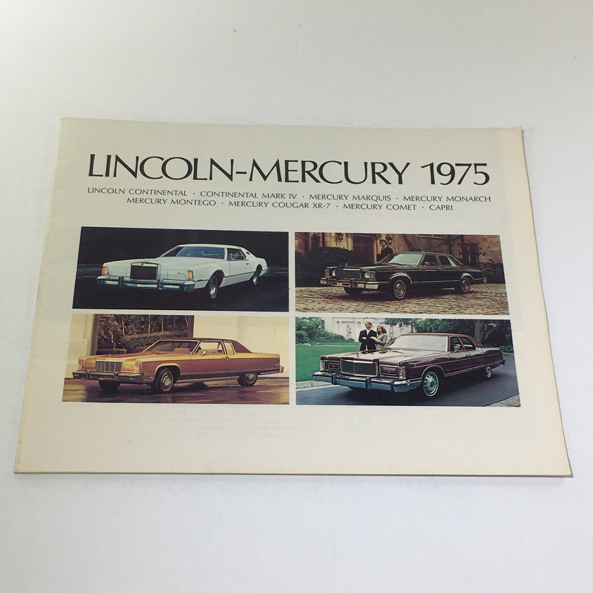 Vintage Lincoln-Mercury 1975 - Continental Sedan 460 V-8 Engine Car Brochure featuring a collage of Lincoln and Mercury car models including Continental, Mark IV, and Monarch.