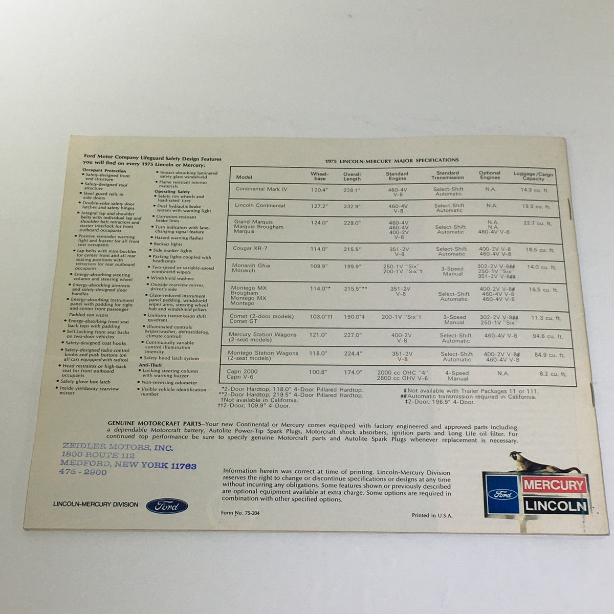 Back cover of the 1975 Lincoln-Mercury brochure displaying major specifications for various Lincoln and Mercury models, relevant to the Vintage Lincoln-Mercury 1975 - Continental Sedan 460 V-8 Engine Car Brochure.