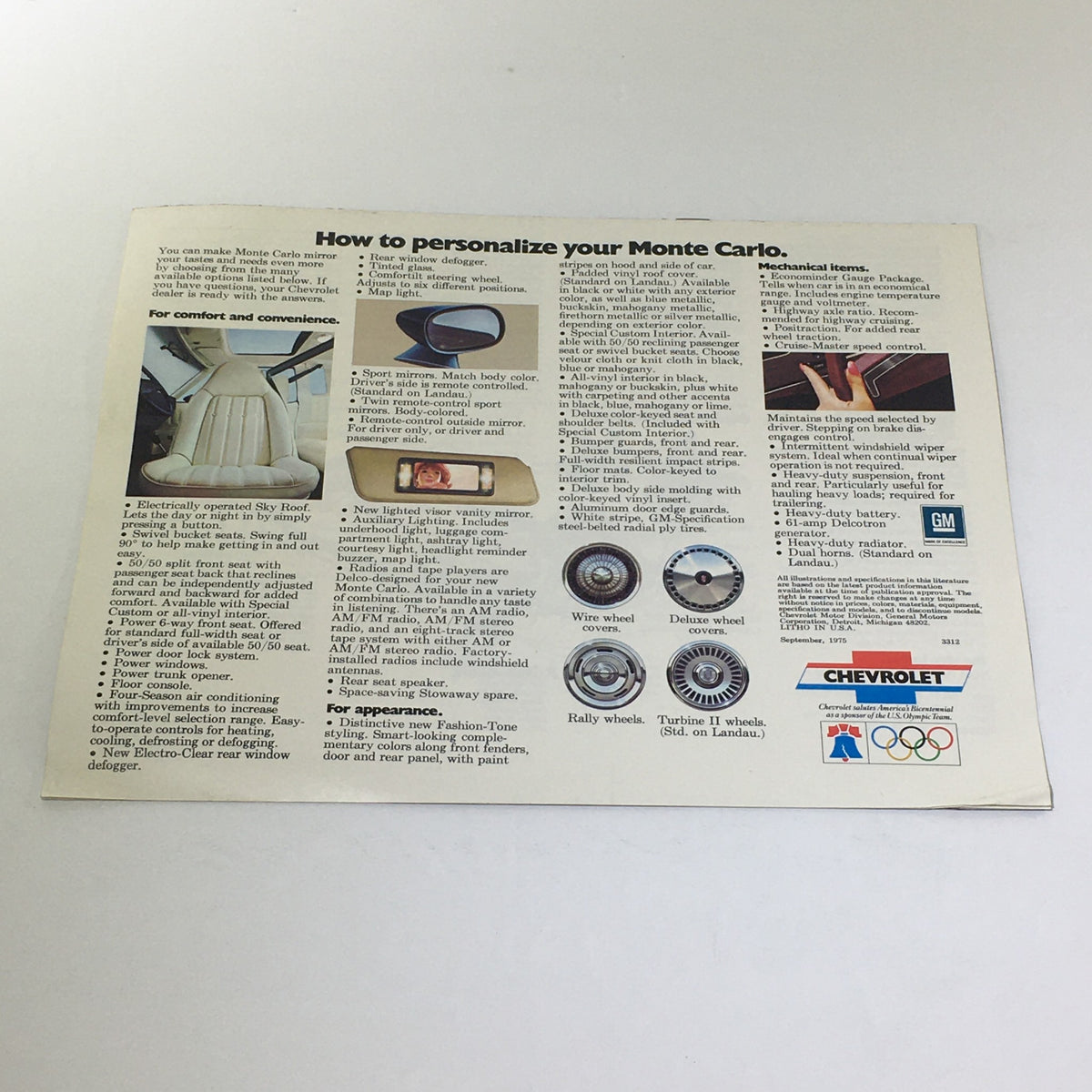 Back cover of the 1976 Monte Carlo Landau Coupe by Chevrolet brochure detailing personalization options and features for comfort, convenience, and appearance.