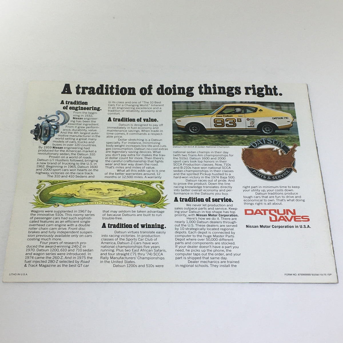Back cover of the Vintage 1976 Datsun 710 2-Door Hardtop Sedan brochure, highlighting a tradition of engineering and value with detailed descriptions.