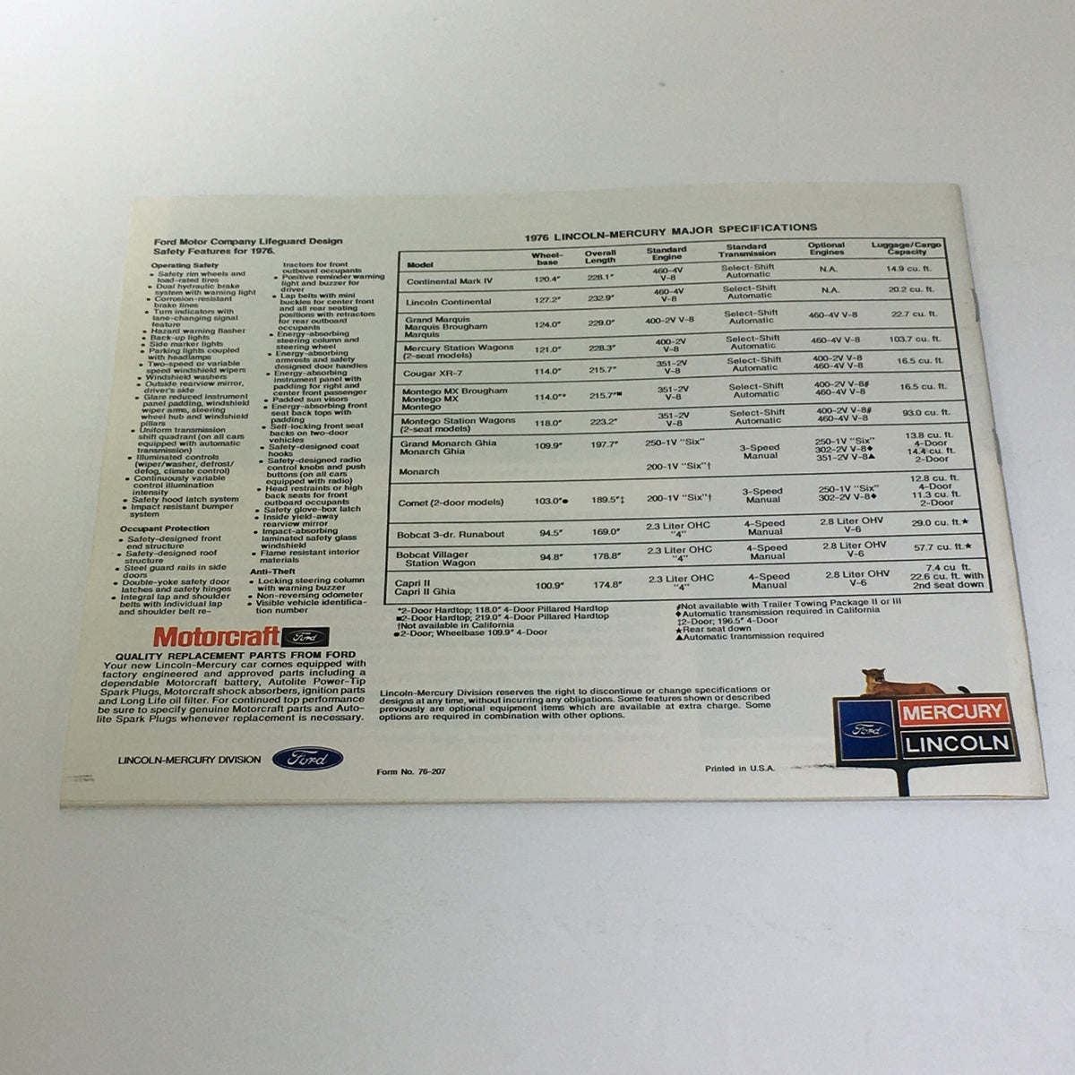 Back page of the Vintage Lincoln-Mercury 1976 Mercury Grand Monarch Ghia brochure displaying major specifications of Lincoln-Mercury vehicles.