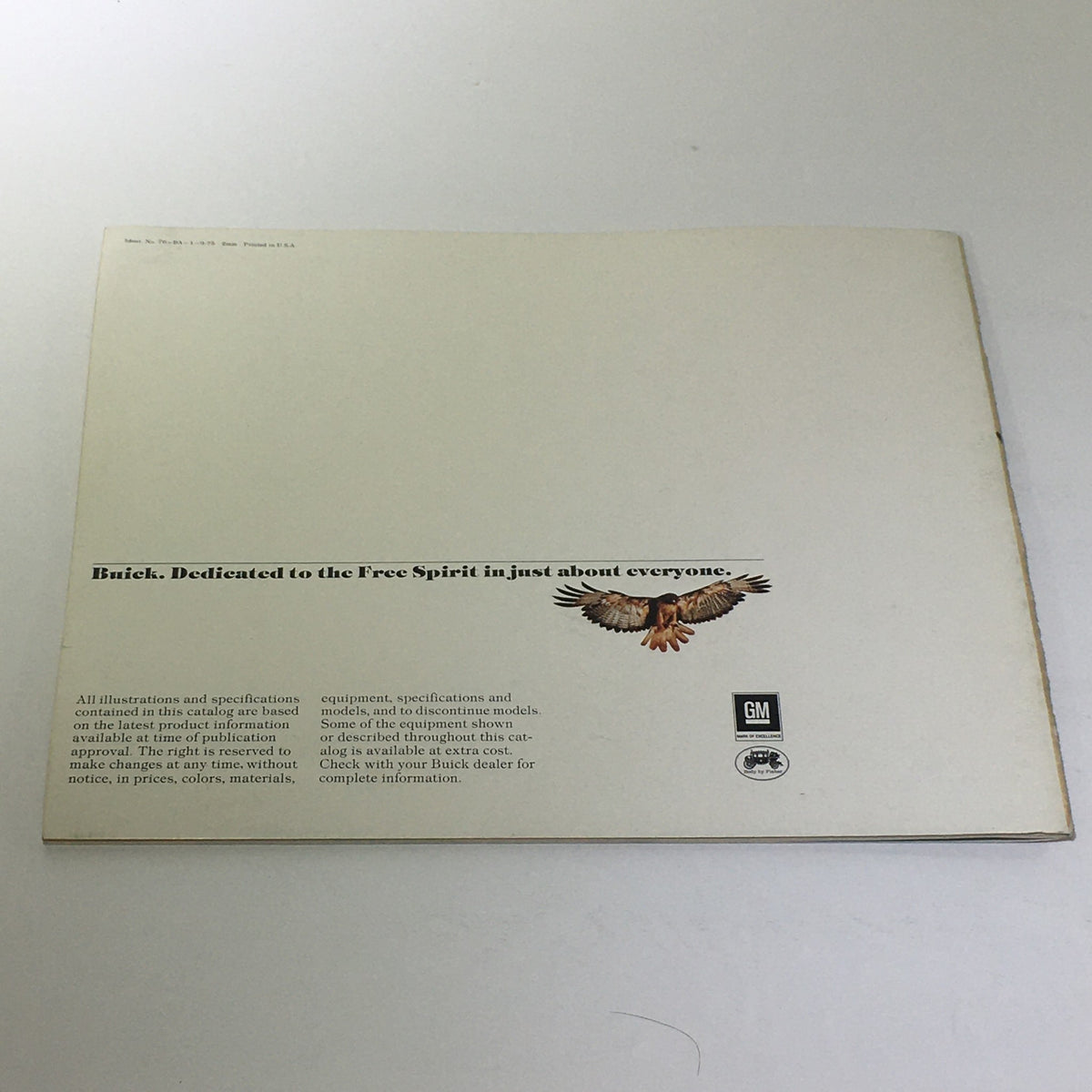 Back cover of the vintage 1976 Buick The Century brochure, featuring a dedication to the brand's spirit and specifications guide.