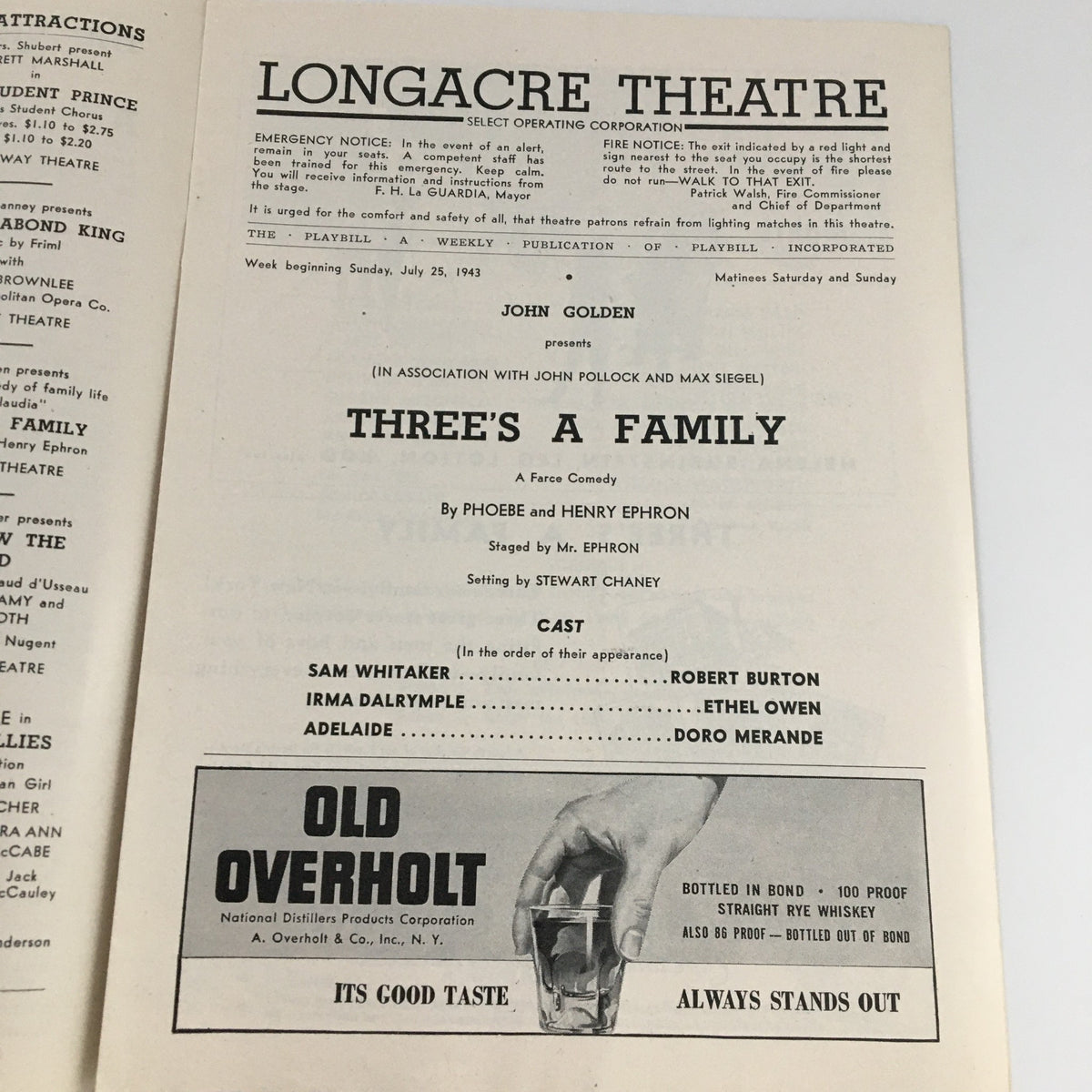 Inside page of the 1943 Playbill for 'Three's A Family' at the Longacre Theatre, detailing the cast and production information of the theatrical performance.