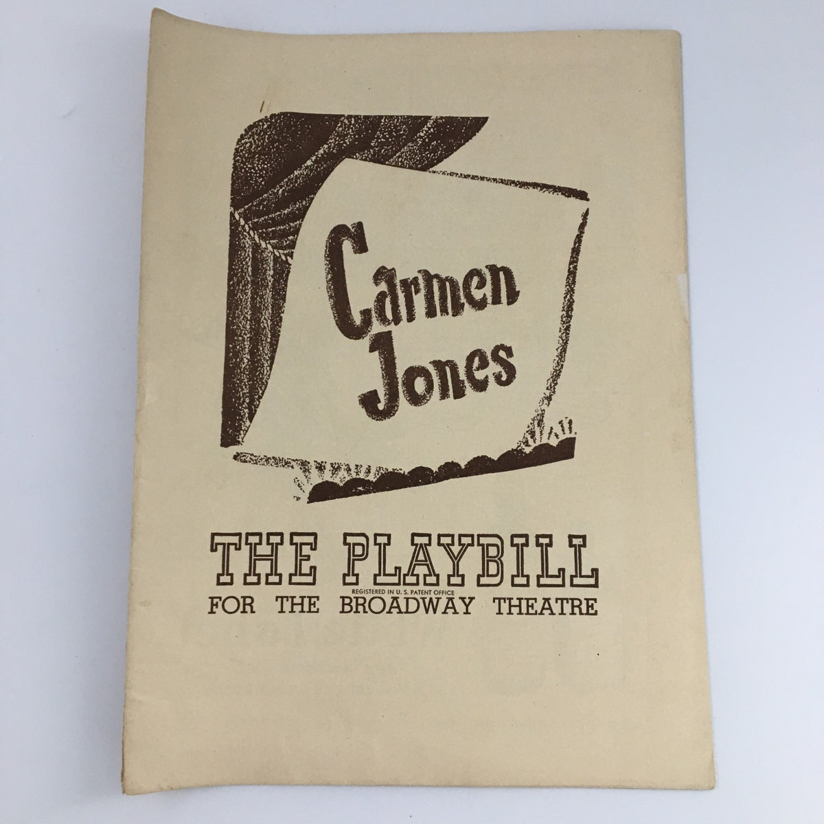 Cover of the 1944 Playbill for 'Carmen Jones' at The Broadway Theatre, featuring a classic design and title.