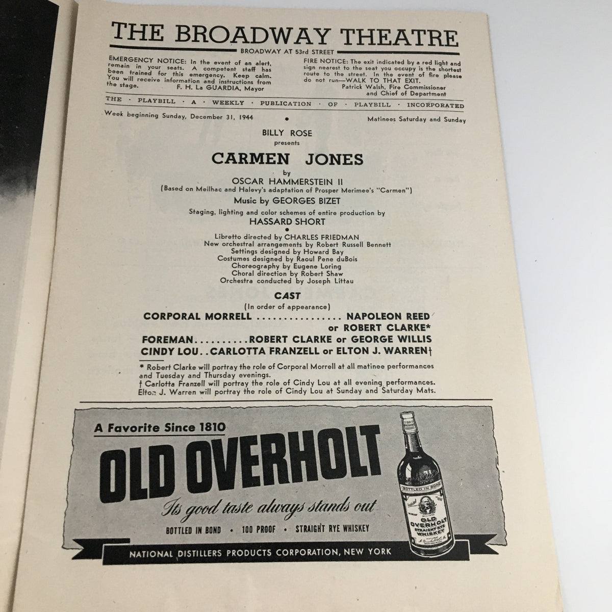 Inside page of the 1944 Playbill for 'Carmen Jones', listing the cast and production details at The Broadway Theatre.