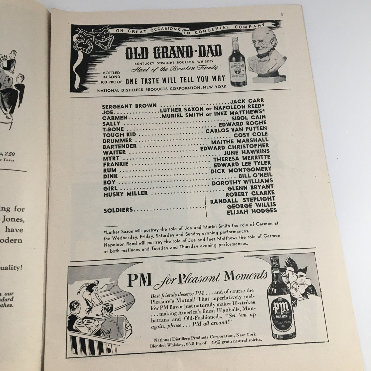 Another internal page of the 1944 Playbill for 'Carmen Jones', featuring advertisements and additional casting information.