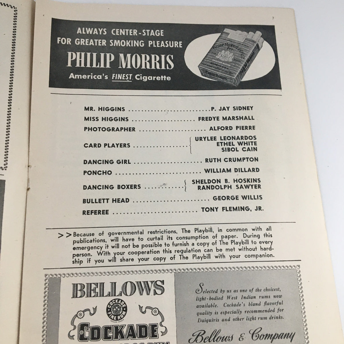 1944 Playbill The Broadway Theatre 'Carmen Jones' featuring advertisement for Philip Morris cigarettes, showcasing cast and crew credits including P. Jay Sidney, Frede Marshall, and Ruth Crumpton.