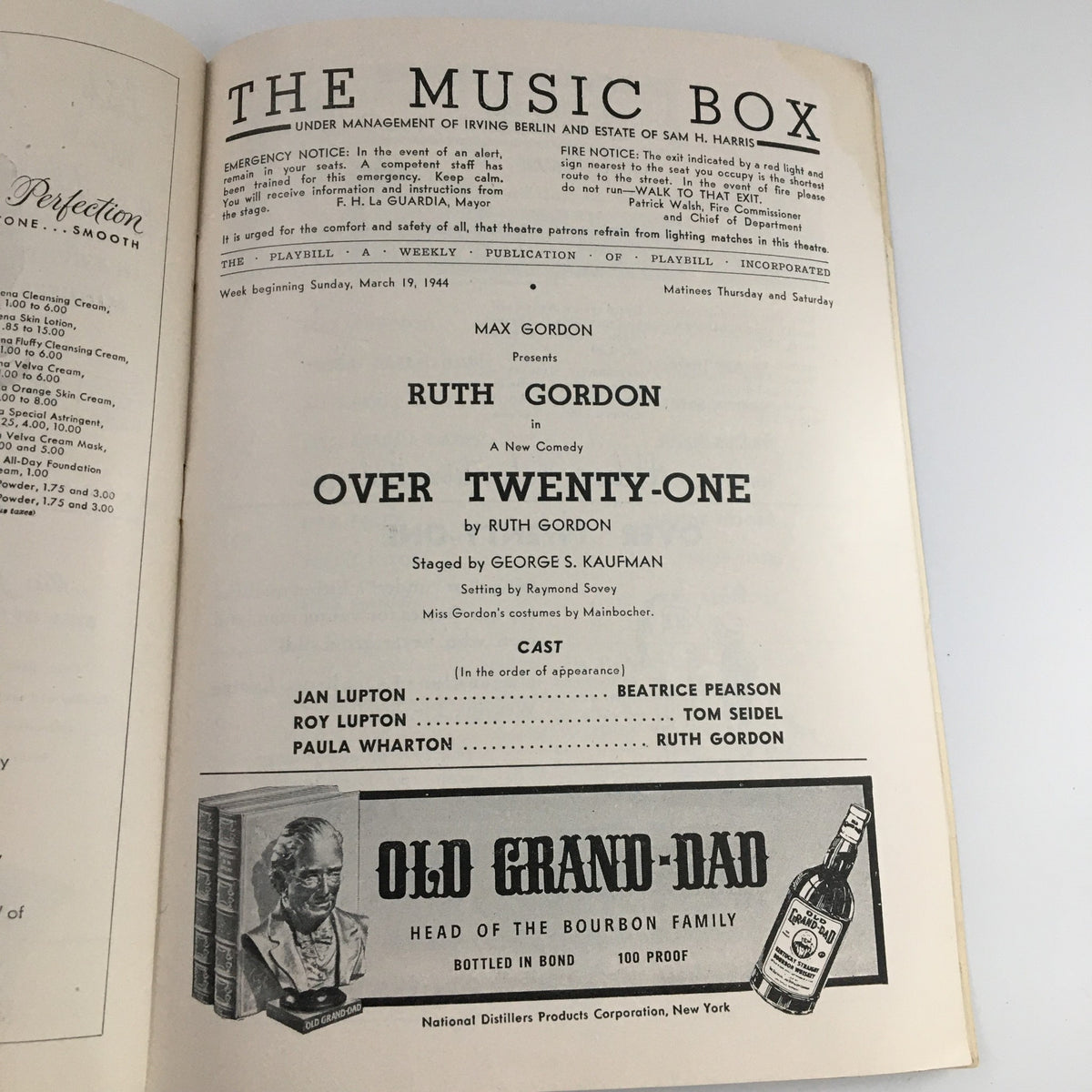 Inside page of the 1944 Playbill for The Music Box 'Over Twenty-One,' showcasing cast details and a vintage advertisement.