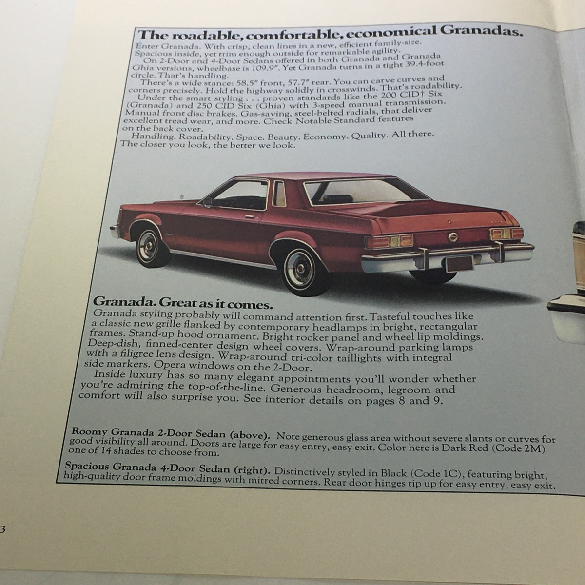 Interior features of the 1975 Ford Granada showcasing comfortable seating and details on economical design and modern styling cues.