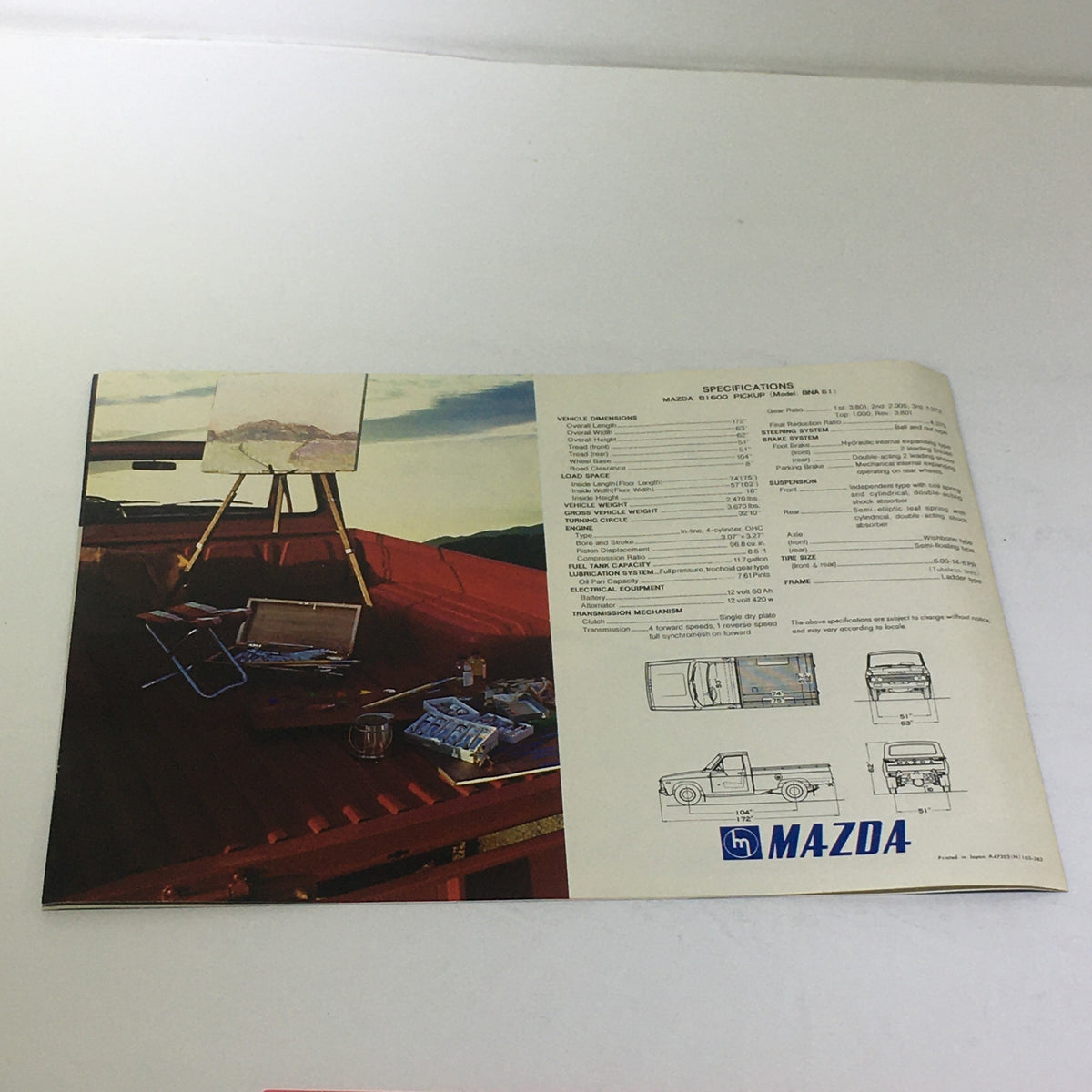 Interior view of the bed of the 1975 Mazda B1600 Pickup displaying specifications and equipment, as seen in the 1975 Mazda B1600 Pickup Sport Truck Car Auto Brochure Catalog.