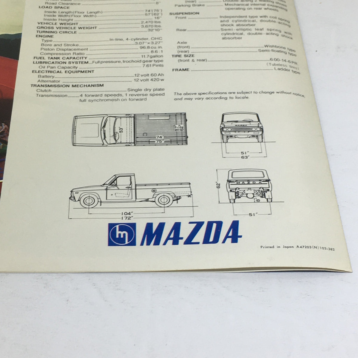 Detailed specifications page of the 1975 Mazda B1600 Pickup in the brochure including technical illustrations and dimensions, showcasing the 1975 Mazda B1600 Pickup Sport Truck Car Auto Brochure Catalog.