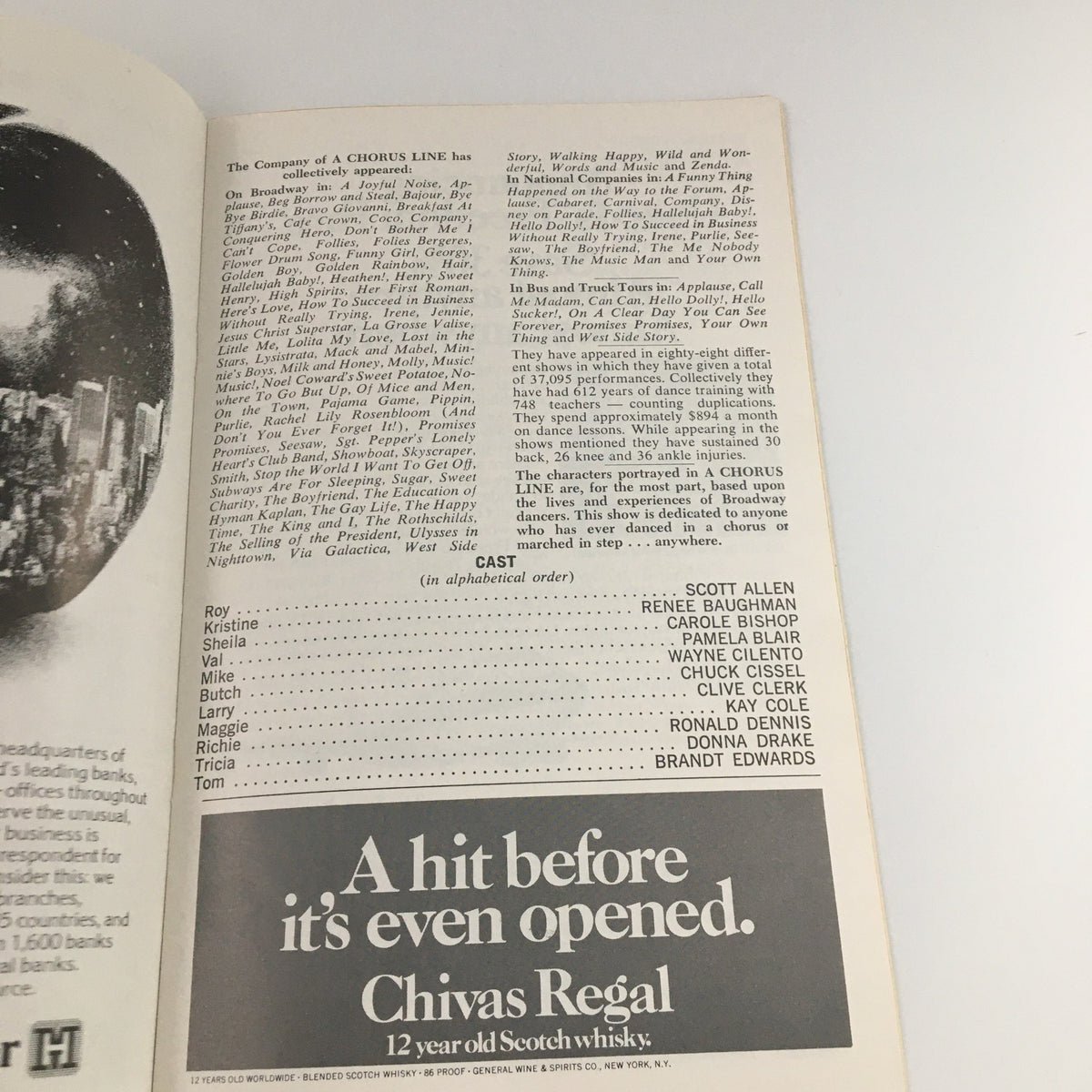 1976 Playbill page from Shubert Theatre highlighting the composers and additional cast members of 'A Chorus Line', with an advertisement for Chivas Regal whisky.