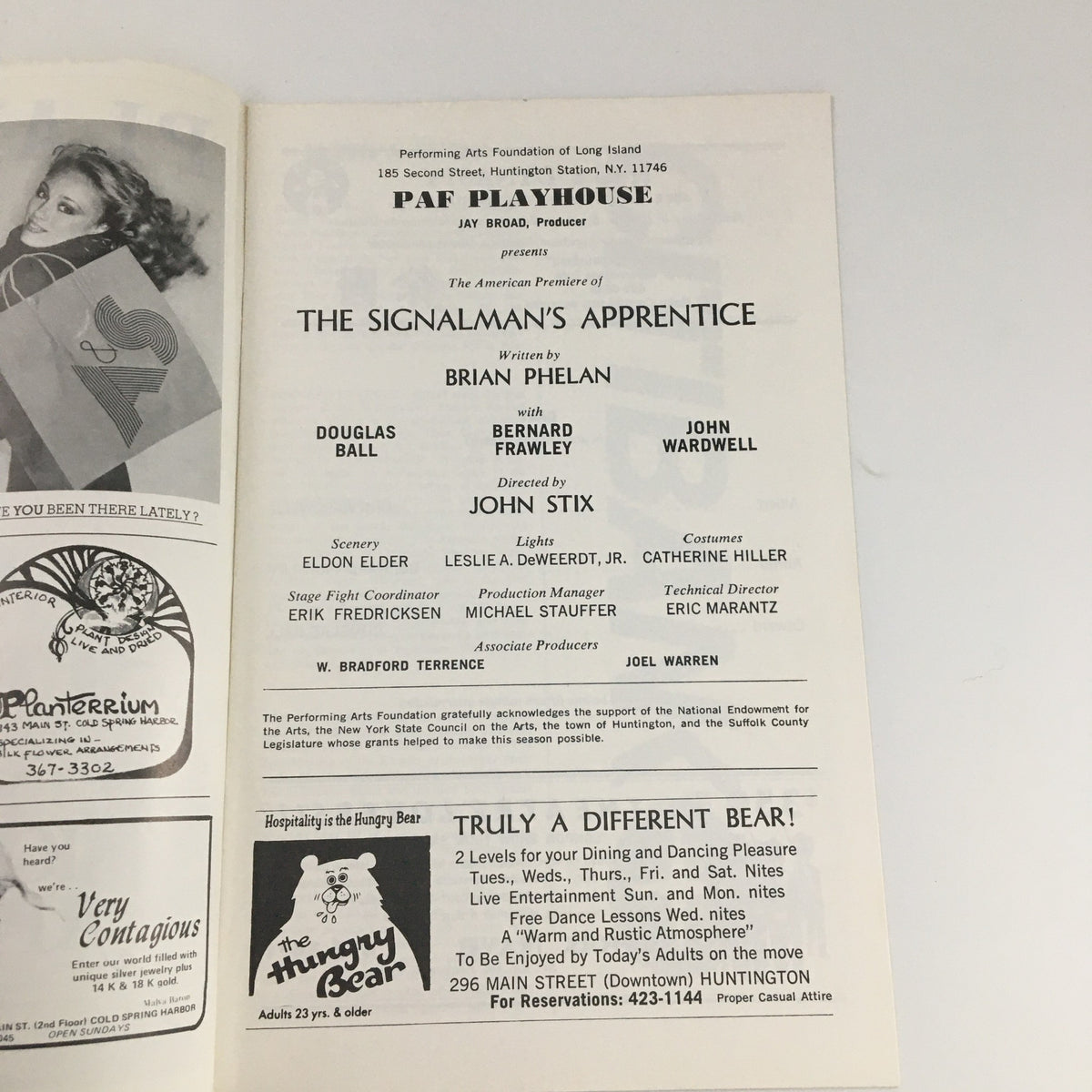 Inside page of the 1976 Playbill PAF Playhouse 'The Signalman's Apprentice,' listing cast members Brian Phelan, Bernard Frawley, Douglas Ball, and John Wardwell.