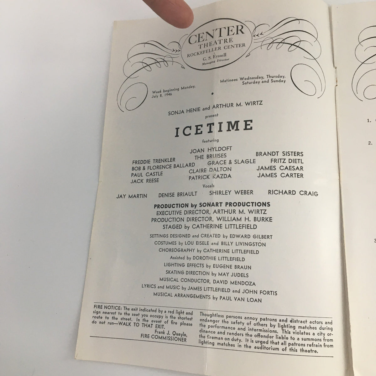 1946 Center Theatre Rockefeller Center 'Icetime' program page detailing the cast and production credits, emphasizing the historical theatrical context.