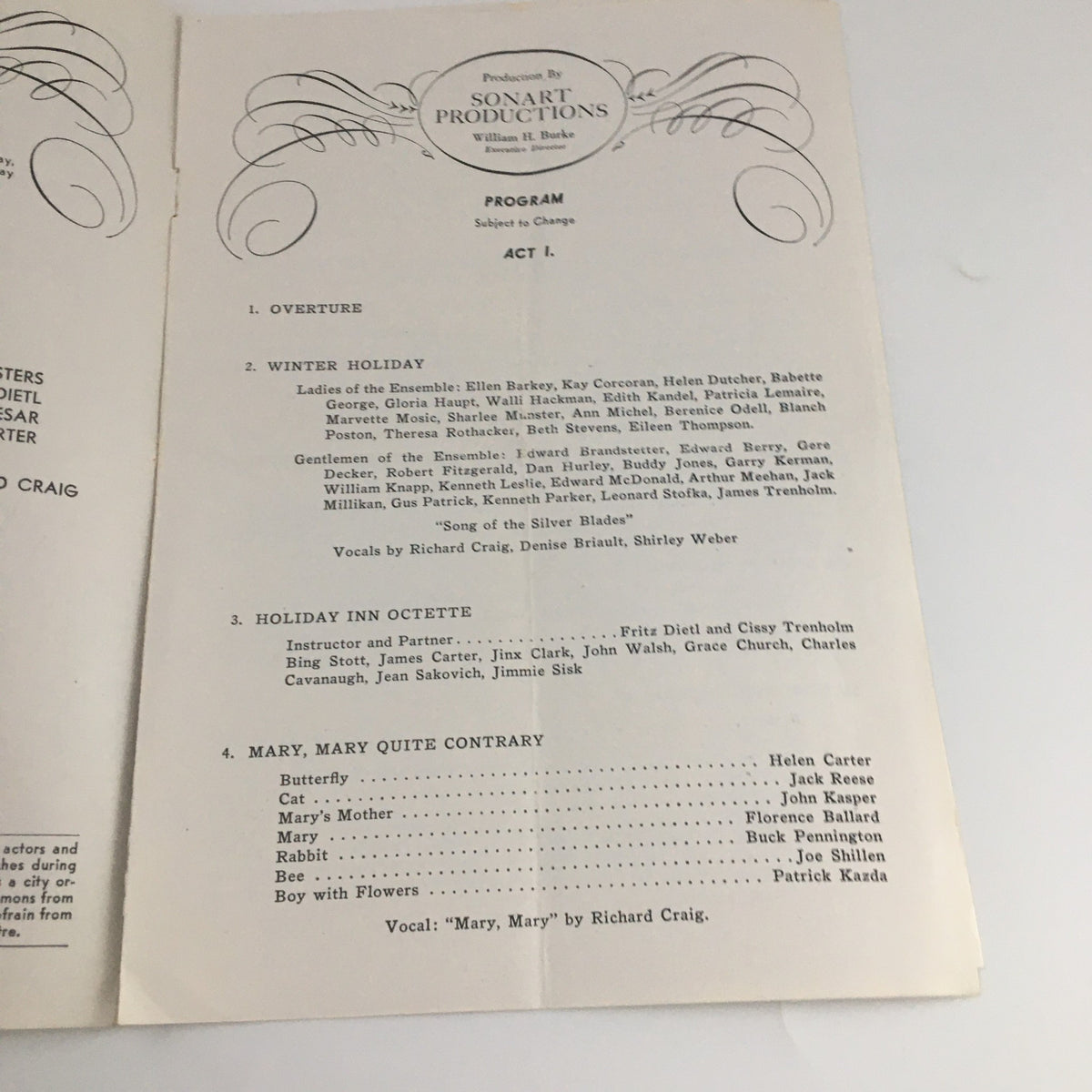 1946 Center Theatre Rockefeller Center 'Icetime' program page listing the acts and musical numbers, showcasing the classic structure of vintage theatre programs.