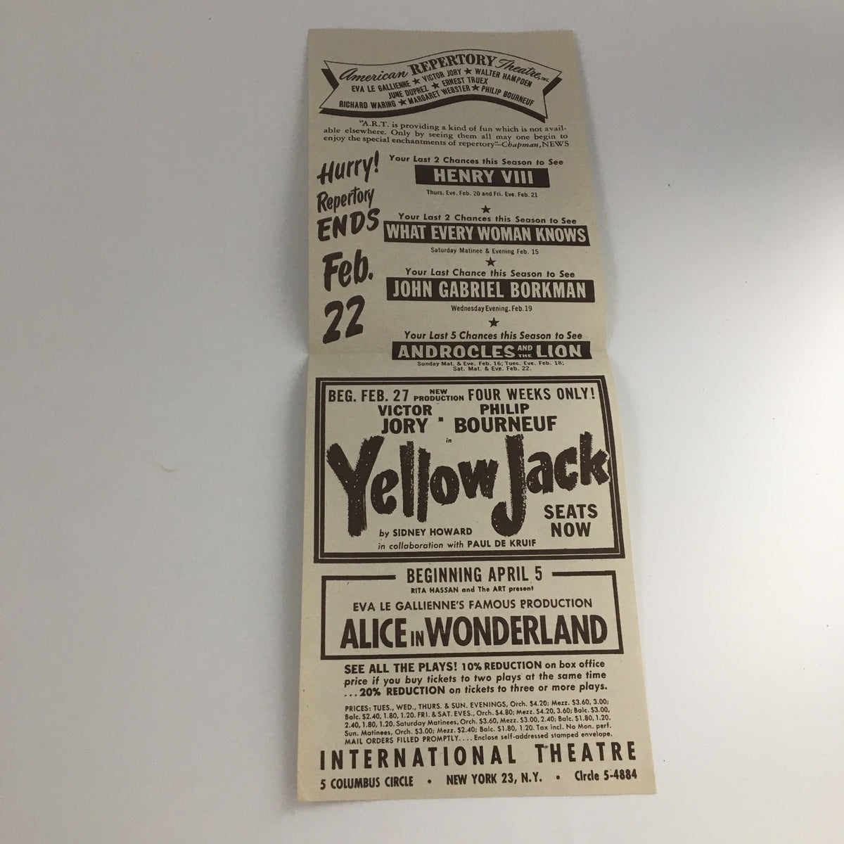 Inside view of 1947 Playbill for 'Another Part of the Forest,' displaying advertisements for upcoming theatrical performances.