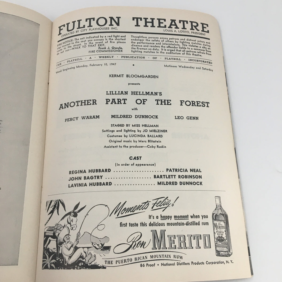 1947 Playbill from Fulton Theatre for 'Another Part of the Forest' featuring cast names Percy Waram, Mildred Dunnock, and Leo Genn, showcasing vintage theatrical design.
