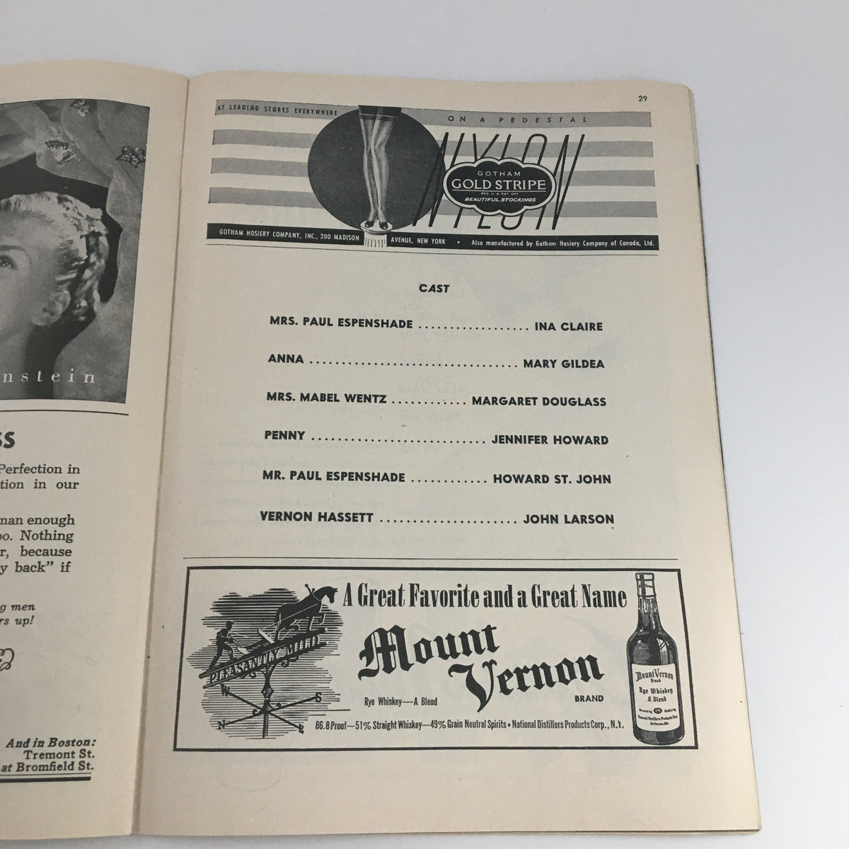 Page from 1947 Playbill Royale Theatre listing the cast, including Margaret Douglass, in 'Ina Claire'.