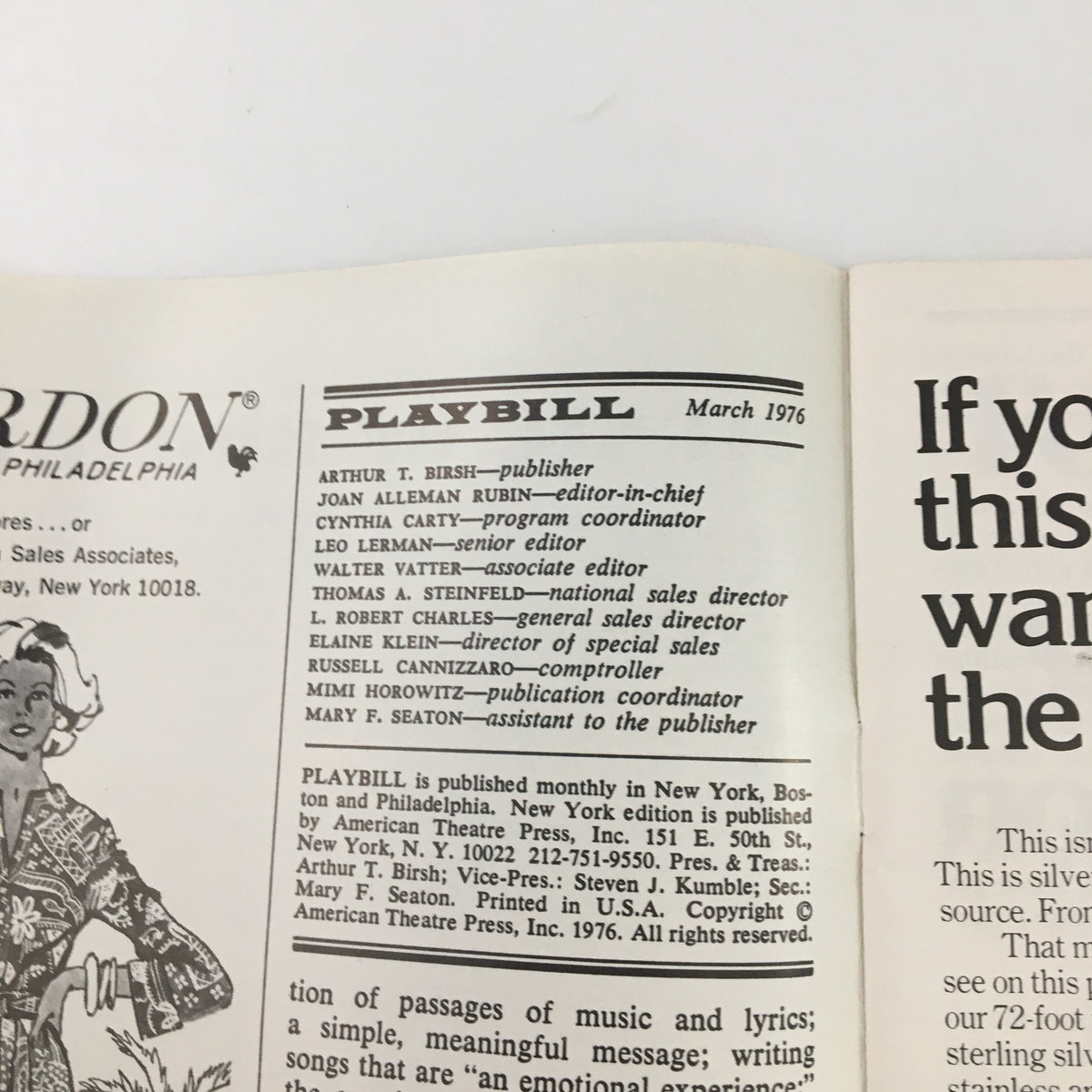 Close-up of the inside cover of the 1976 Playbill for 'The Norman Conquests' with publication details and credits.