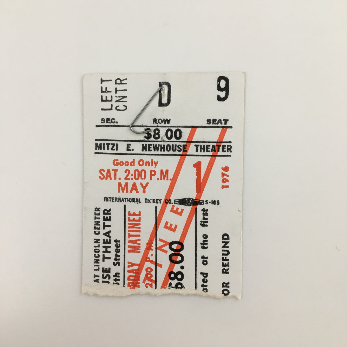 Original ticket stub from 'Streamers' at Mitzi E. Newhouse Theater, dated May 1, 1976, detailing seat information and price.