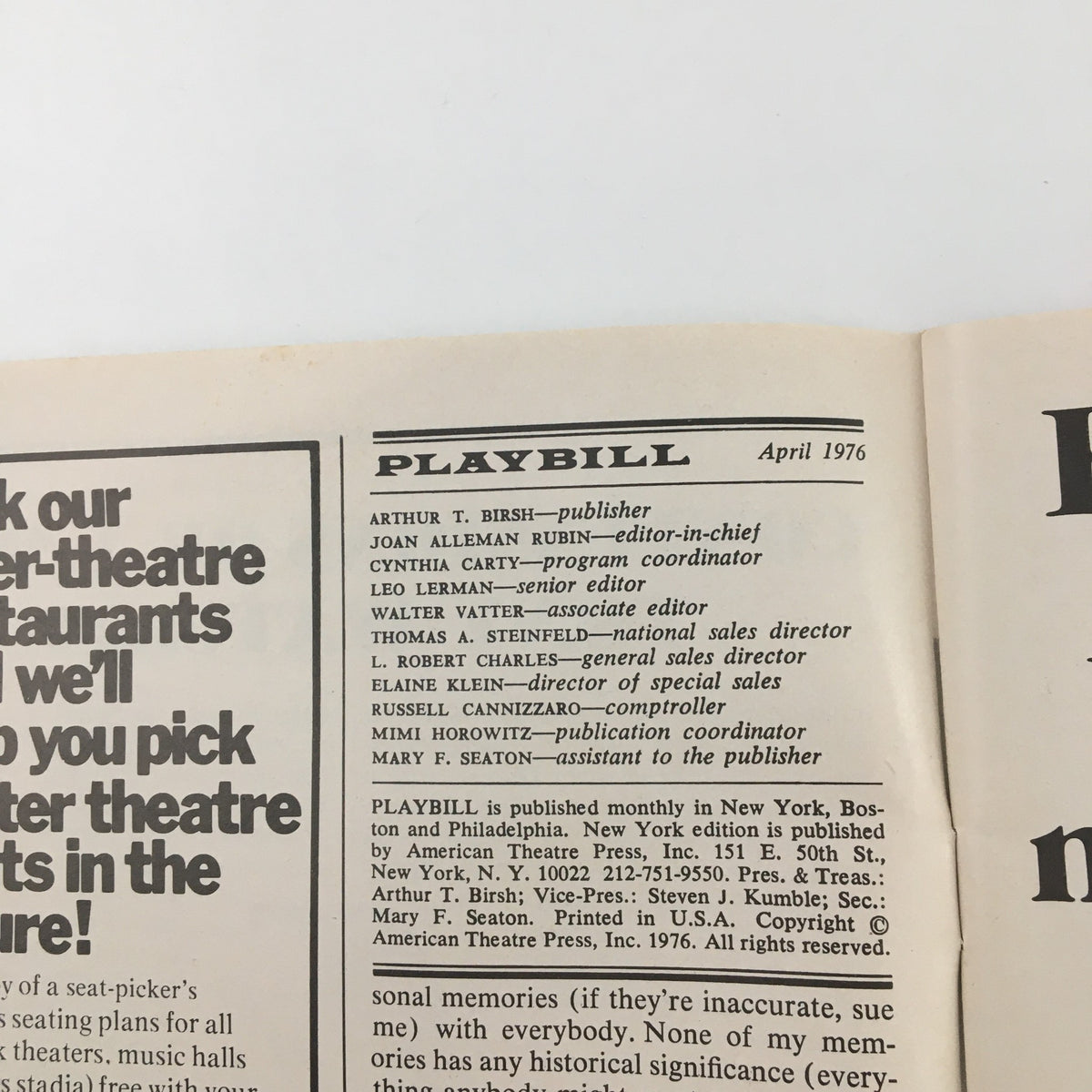 1976 Playbill Mitzi E. Newhouse Theater 'Streamers' featuring editorial credits and publication details.