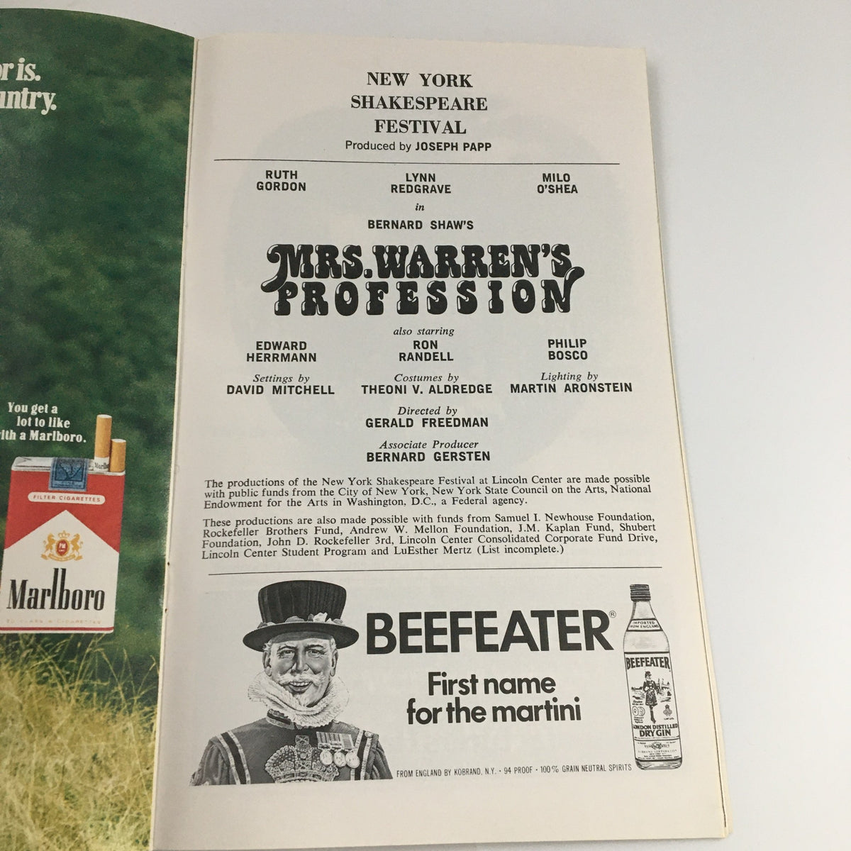 Inner page of 1976 Playbill showcasing 'Mrs. Warren's Profession' with cast details and an advertisement, published by the New York Shakespeare Festival.