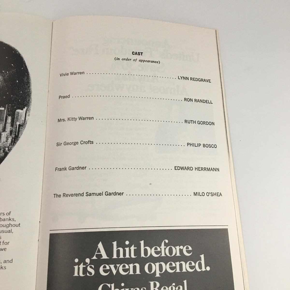Inside page of the 1976 Playbill for 'Mrs. Warren's Profession' at Vivian Beaumont Theater featuring cast list including Ruth Gordon.