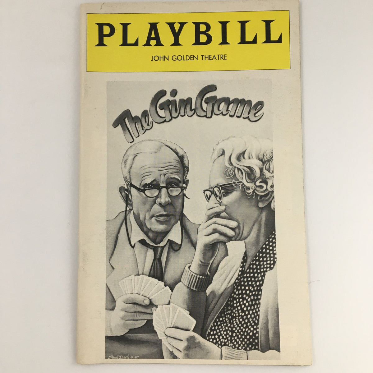 1977 Playbill for 'The Gin Game' featuring artwork of two characters playing cards, presented at the John Golden Theatre, starring Jessica Tandy and Hume Cronyn.