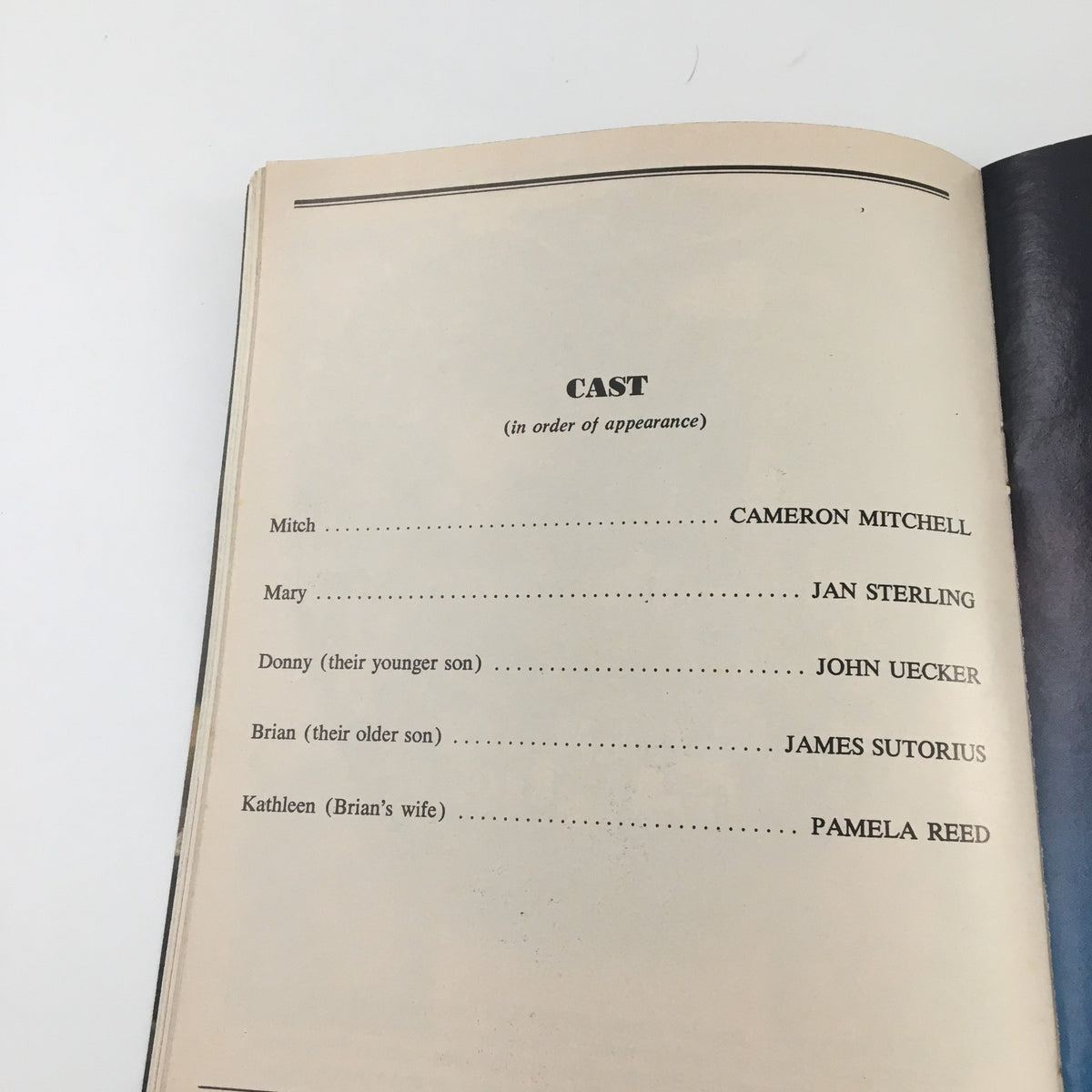 Inside page of the 1977 Playbill for 'The November People' at the Billy Rose Theatre featuring the cast list, including Cameron Mitchell. Ideal for collectors and theater enthusiasts.