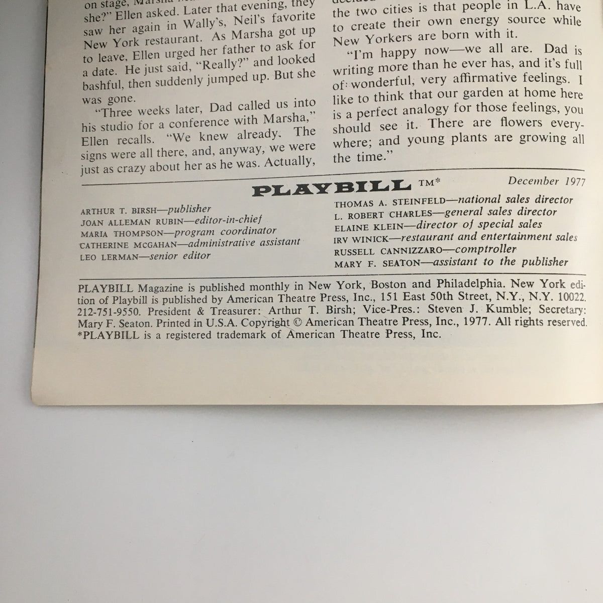 Inside page of the 1977 Playbill from Morosco Theatre 'Golda', detailing production credits and contributors.